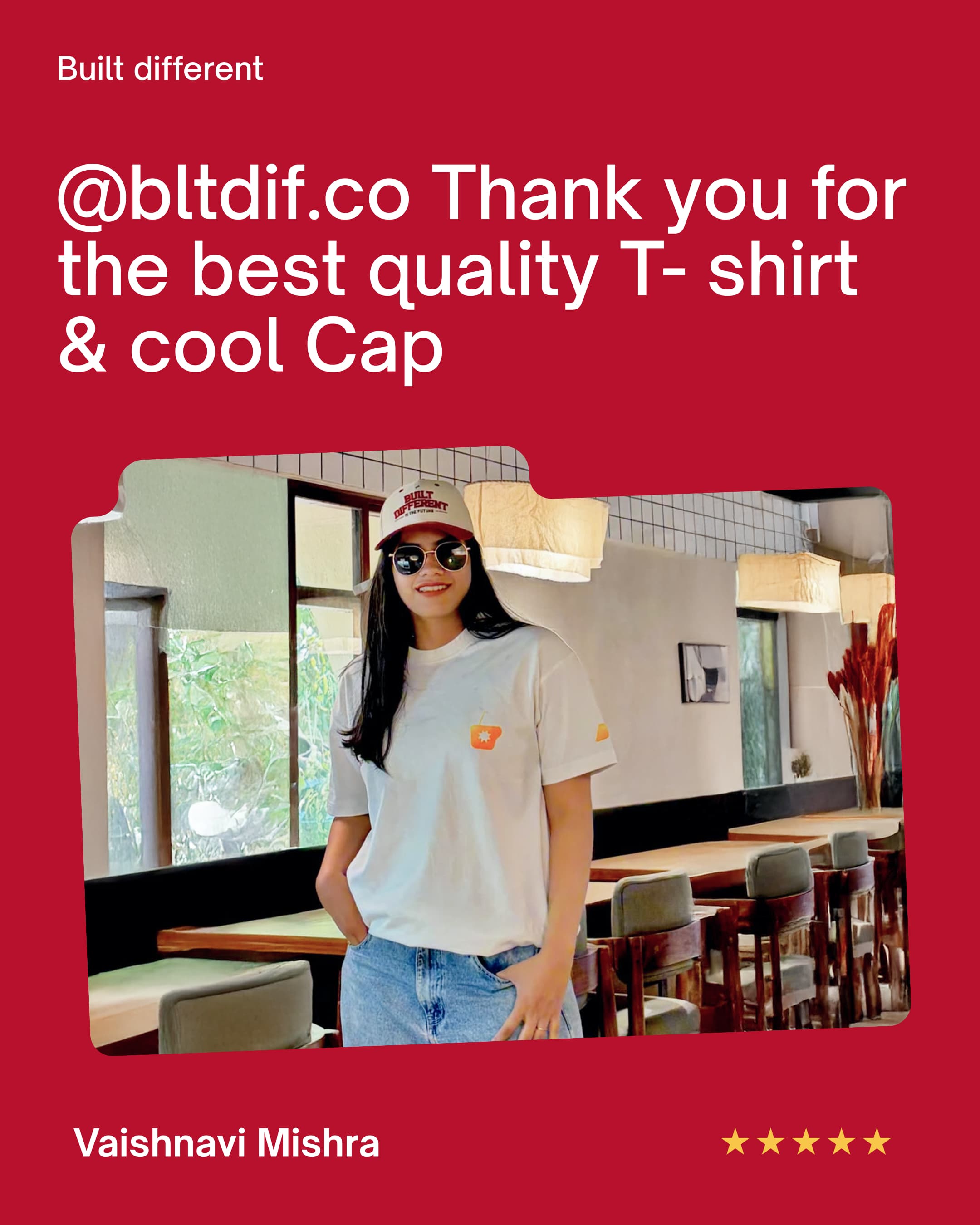 Vaishnavi Mishra wearing a BLTDIF T-shirt and cap