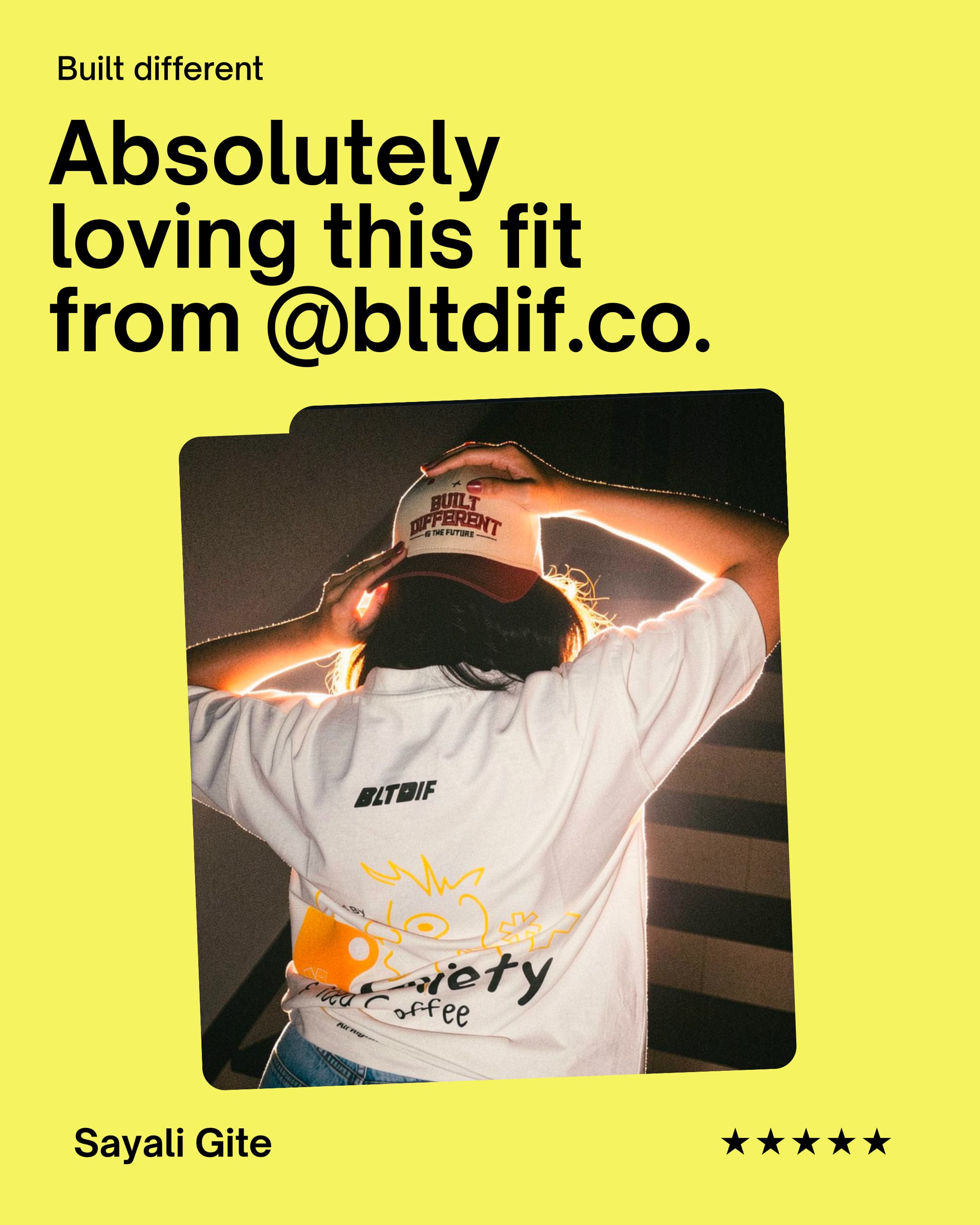 Sayali Gite wearing a BLTDIF T-shirt