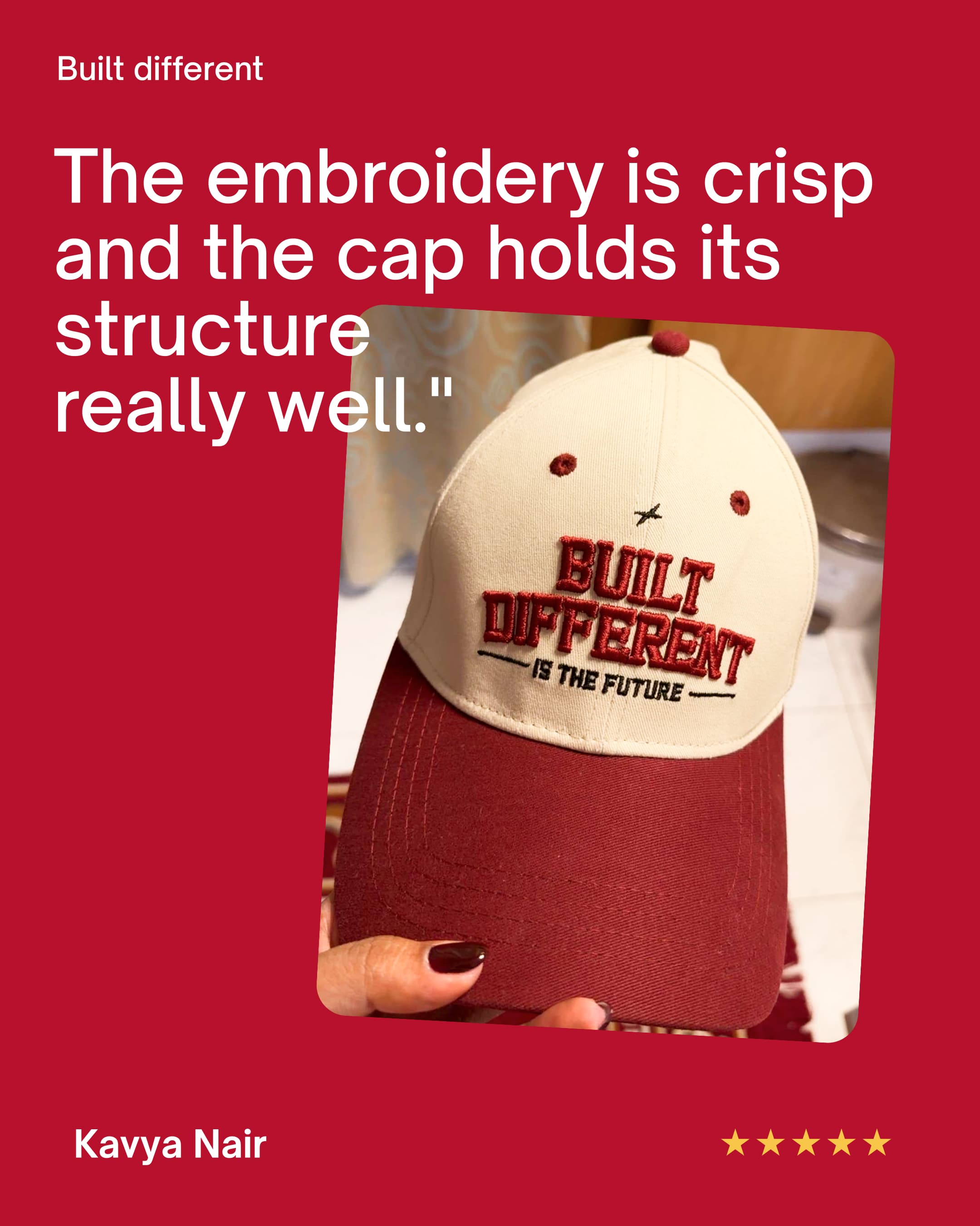 Kavya Nair reviewing an embroidered BLTDIF cap