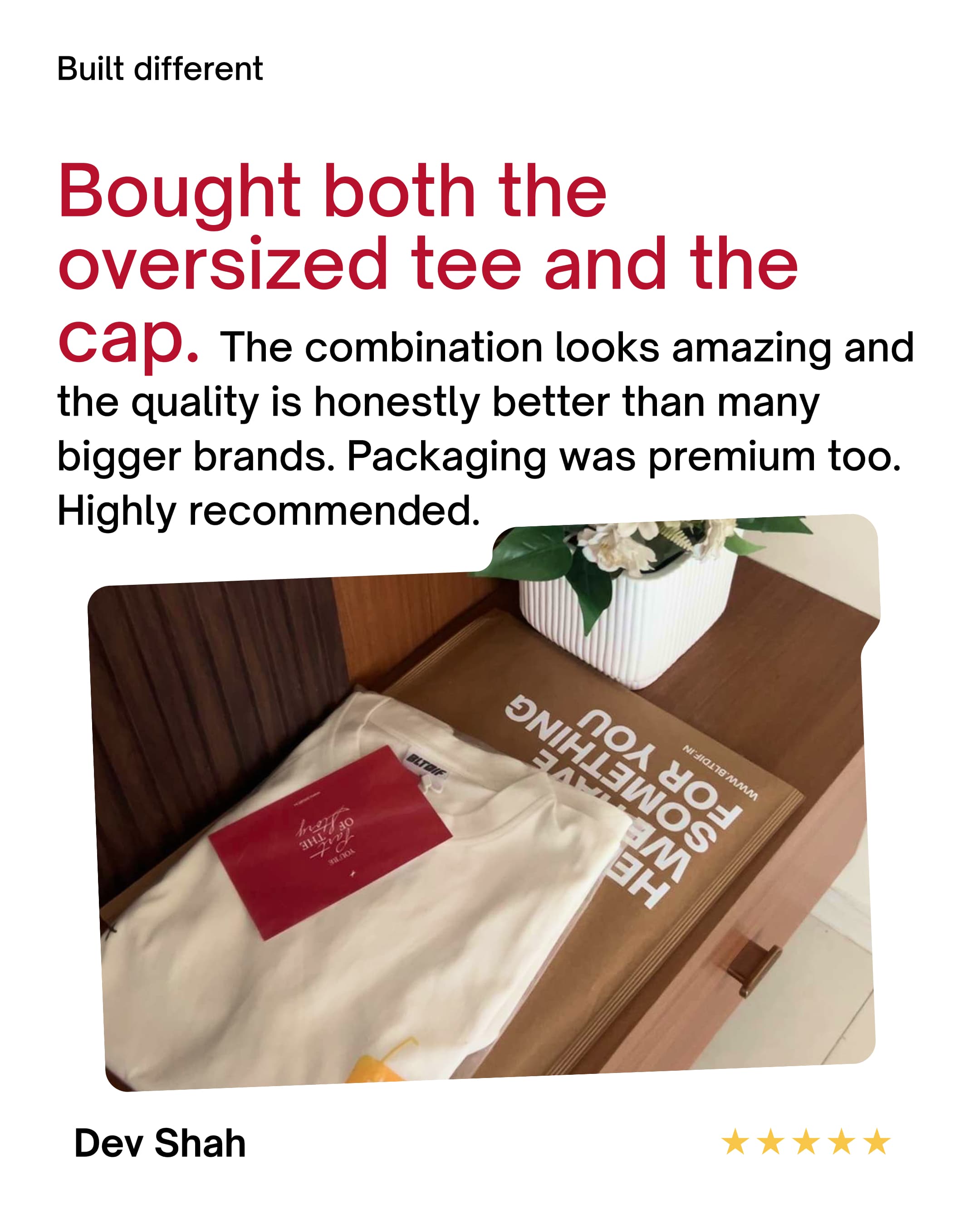 Dev Shah reviewing a BLTDIF oversized T-shirt and cap