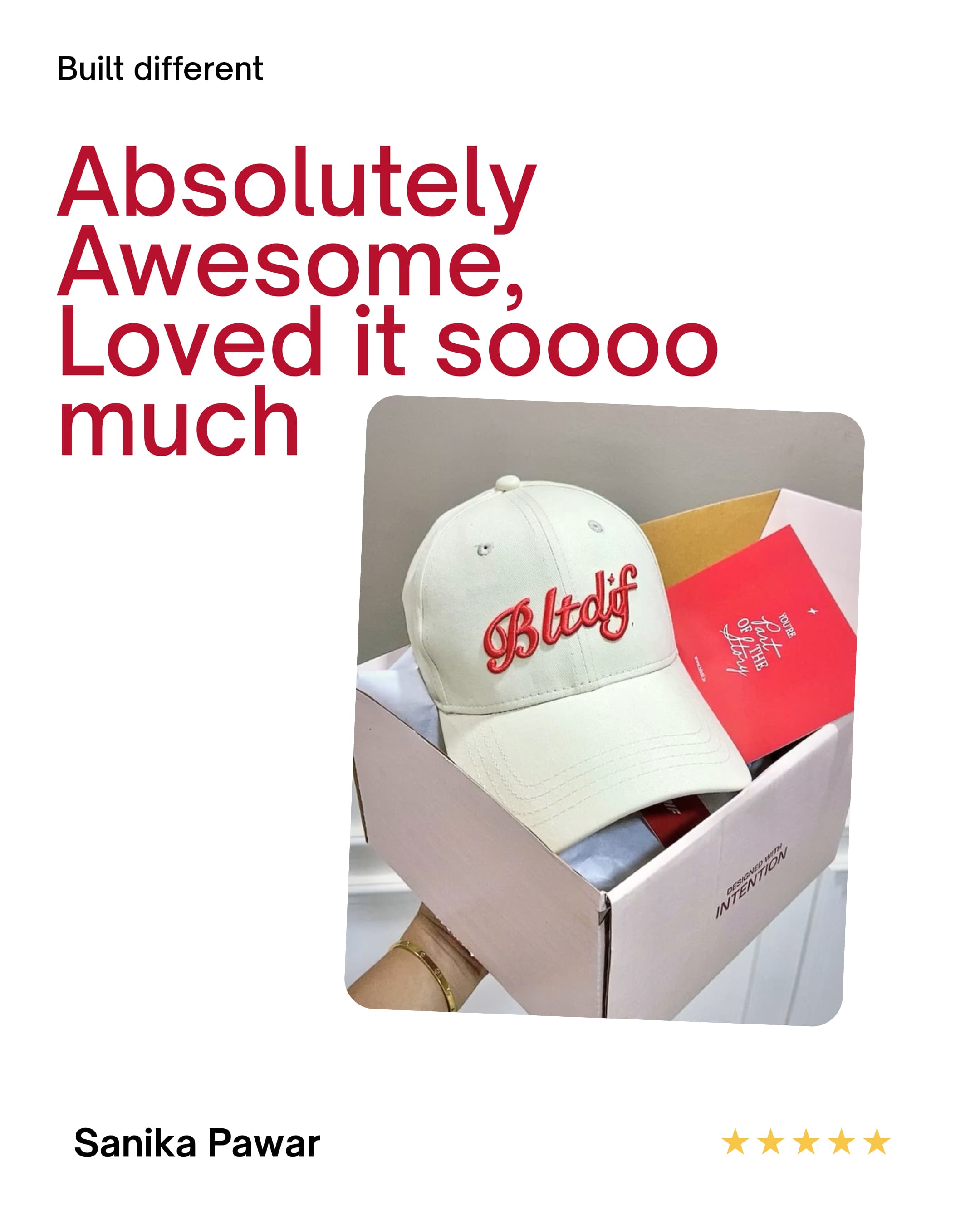 Sanika Pawar reviewing a BLTDIF cap and premium packaging